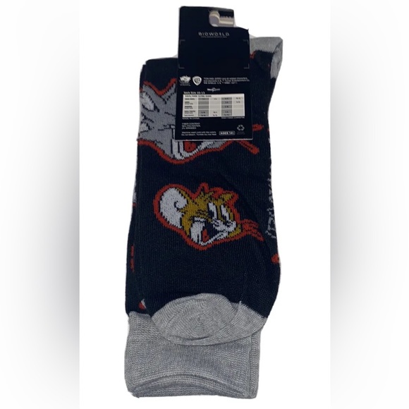 Tom and Jerry Crew Socks 1 Pair Men's 8-12 Black Gray w Faces Cartoon Cat Mouse - Picture 3 of 10